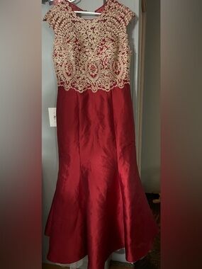 Red Satin Evening Gown with Gold Embellished Bodice